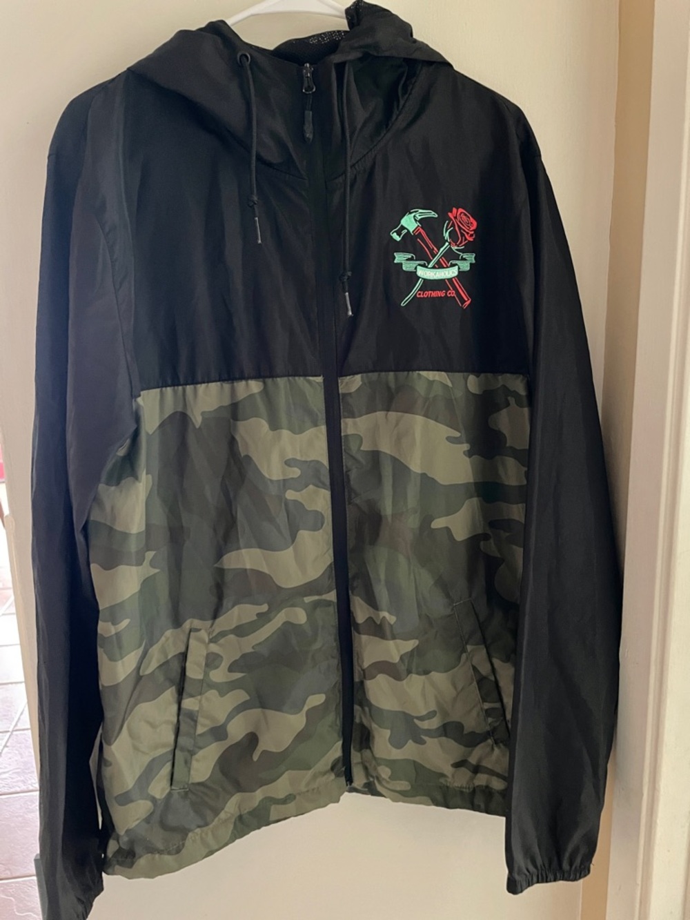 Men's Black & Olive Camo Hooded Windbreaker Jacket